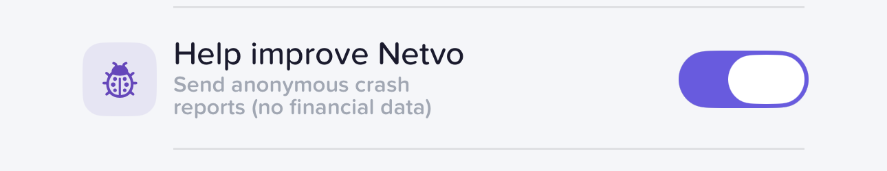Help improve Netvo crash reporting toggle screenshot
